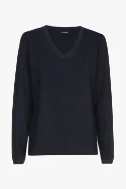 Xandres T-shirt bleu marine à manches longues et col en V.-Femme Xandres Plus|Essentials